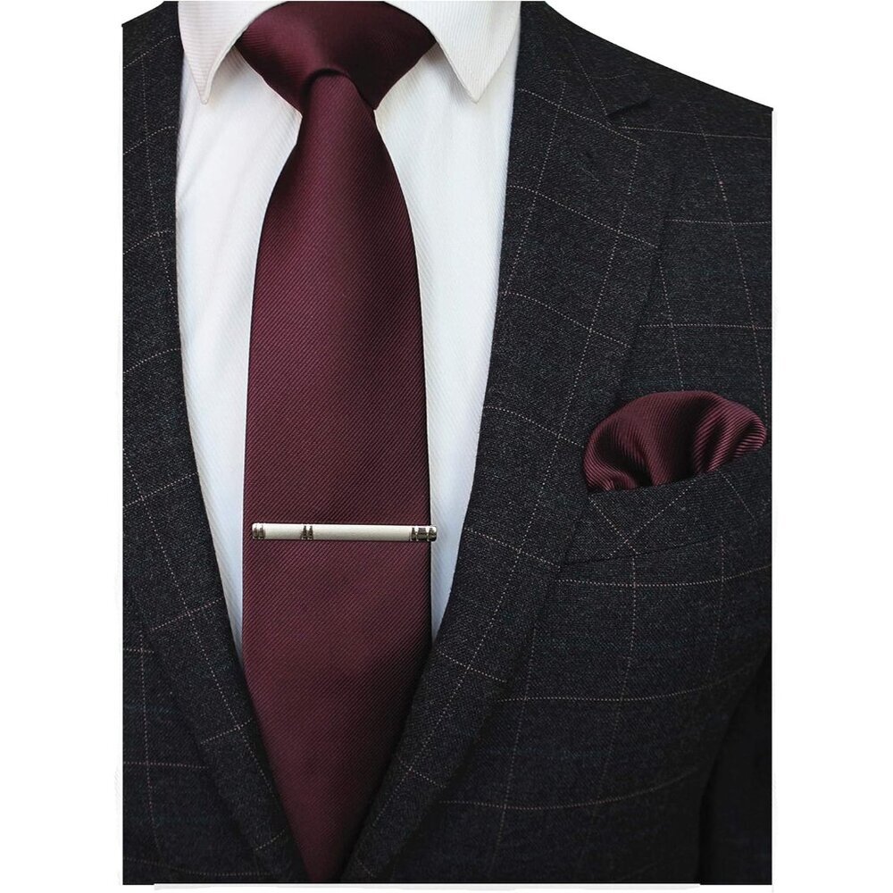 Men's Maroon Solid Color Formal Necktie And Pocket Square Tie Clip Sets